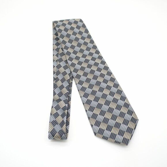 Joseph & Feiss International Gray Tan Plaid Wide Woven Silk Tie - Picture 6 of 6